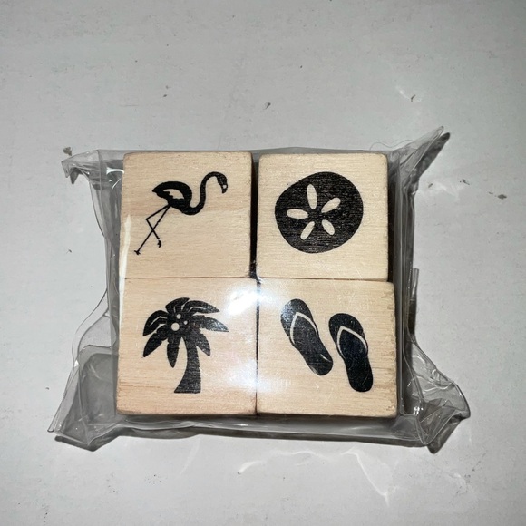Recollections 4pc FLAMINGO FLIP FLOPS SAND DOLLAR Wood Mounted Rubber Stamp - Picture 2 of 5
